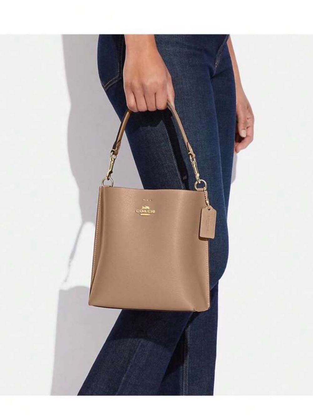 Coach Taupe Pebble Leather Bucket Crossbody Bag with Gold Hardware